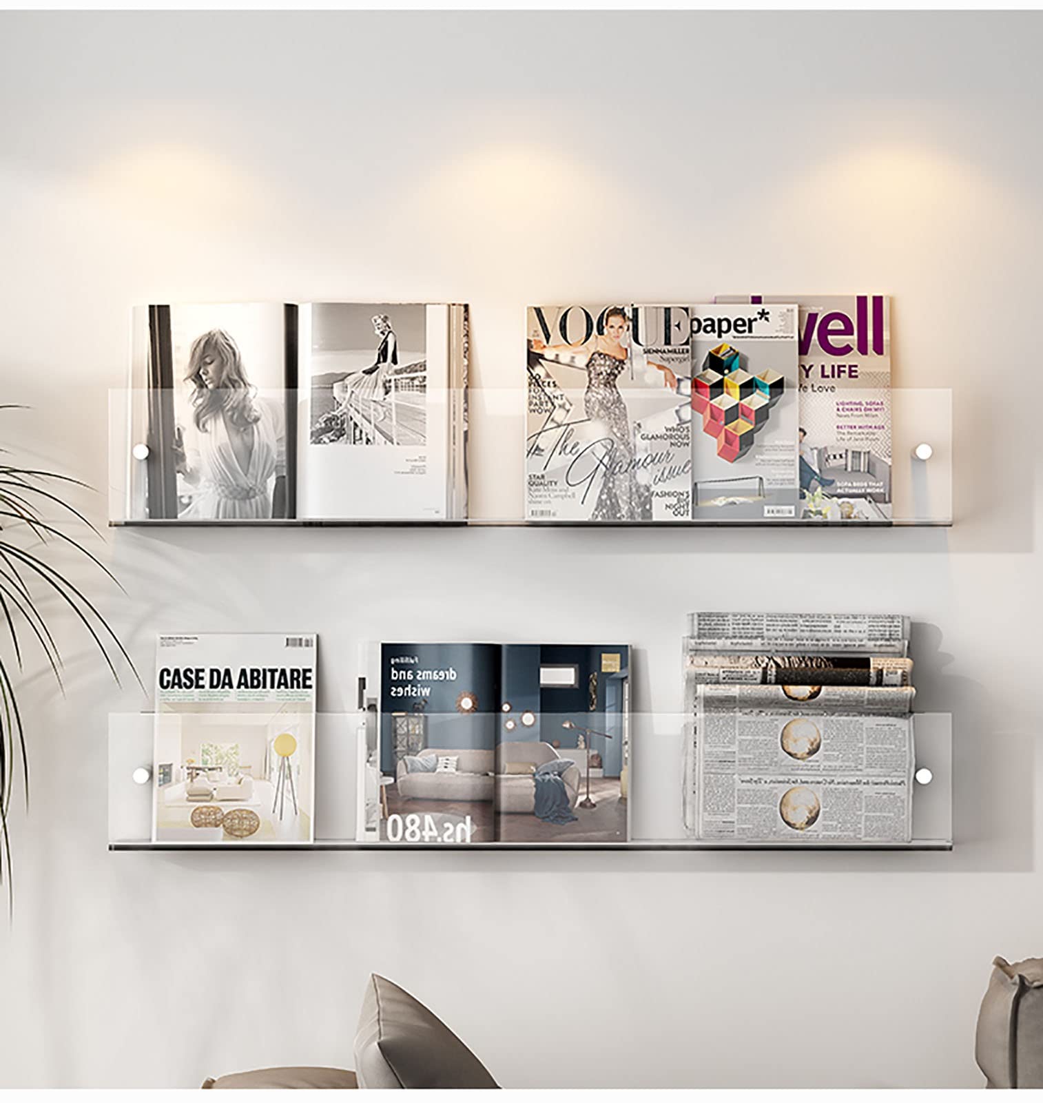 Zeitschriftenständer aus Acryl zur Wandmontage, Aktenorganizer für die Bürowand, Prospekthalter, transparenter Zeitschriftenhalter, Bücherständer, 2er-Set (Länge 60 cm)
