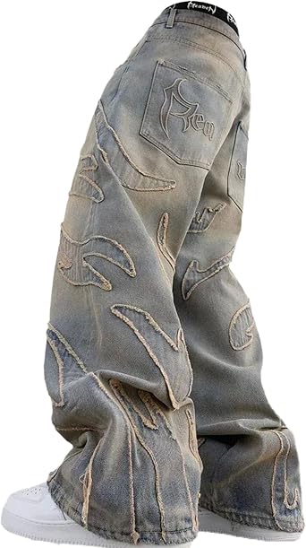 Mens Loose Casual Pants American y2k Retro Harajuku Style bat Pattern Embroidered Jeans Fashionable Streetwear