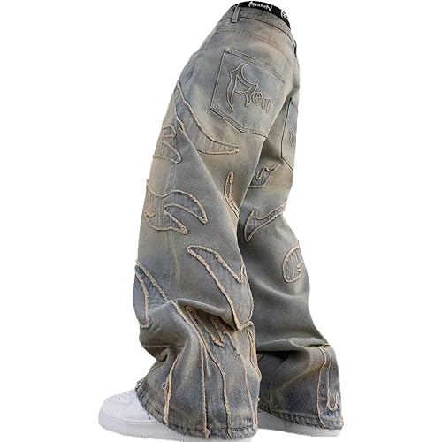 Men's Loose Casual Pants American y2k Retro Harajuku Style bat Pattern Embroidered Jeans Fashionable Streetwear