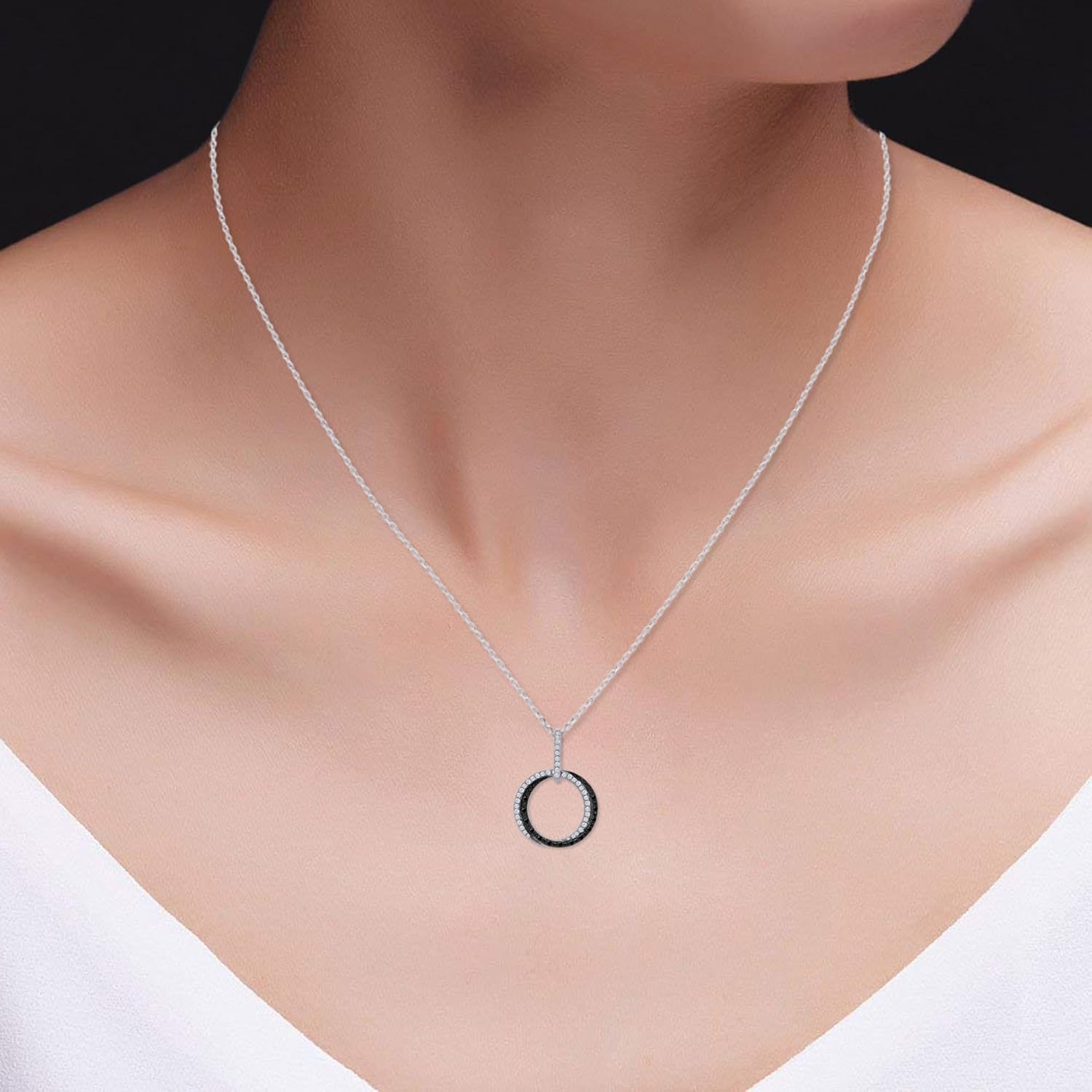 AFFY Interlocking Circle Pendant Necklace for Women with 1/10 Ct Natural Black & White Diamonds in 14K Gold Plated 925 Sterling Silver – 18" Chain, Dainty Gift for Her