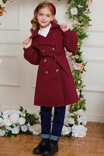 Miniatura 3 de GRACE KARIN Abrigo de vestir para niñas, con solapa, mezcla de lana, chaquetas largas de invierno con bolsillos, cinturón de 6 a 14 años