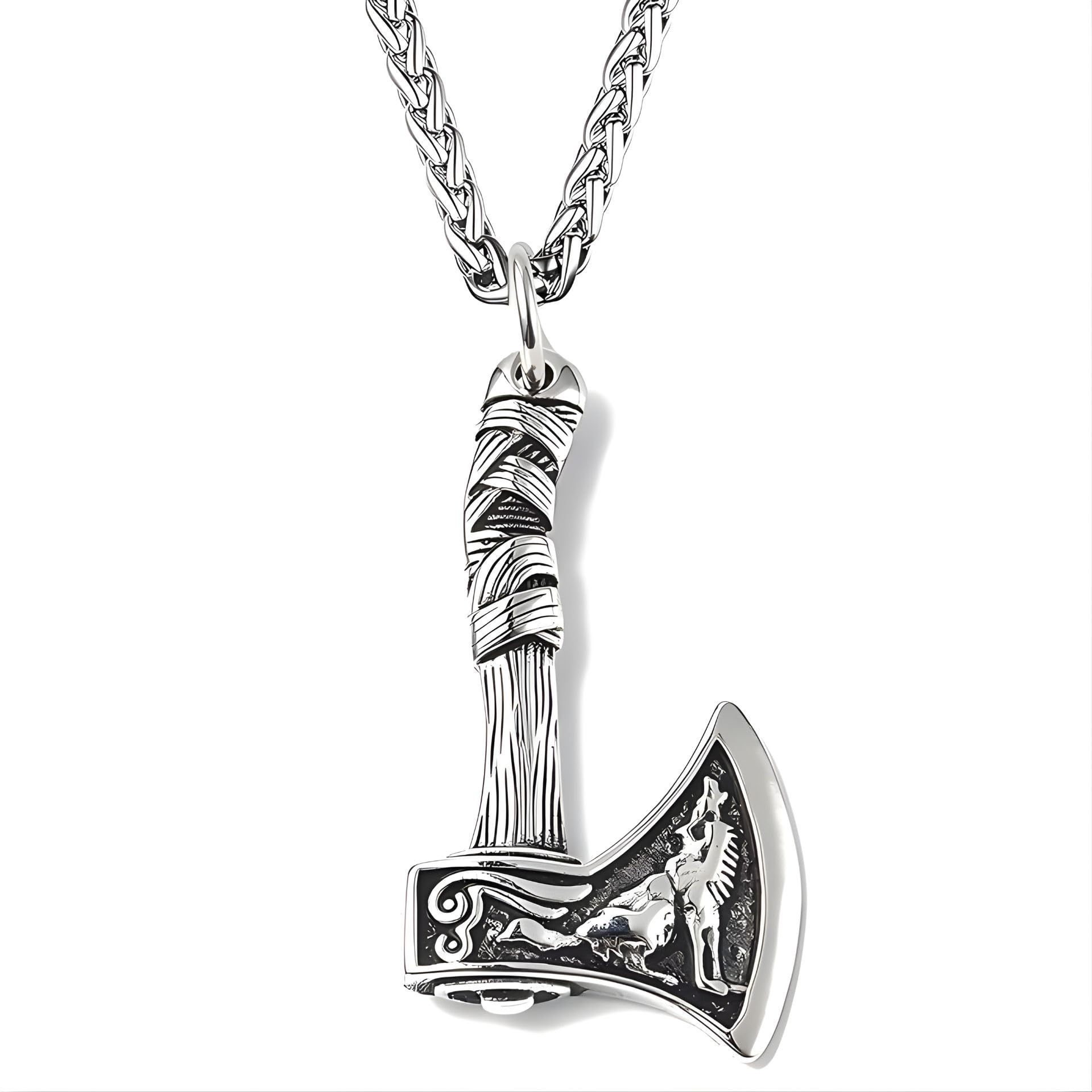 Stainless Steel Antique Silver Finish 'The Totem Blade' Double Sided Wolf And Crane AXE Hip-Hop Pendant Necklace With Wheat Chain For Men And Boys | Rugged Macho Style Bold Biker Statement Jewellery For Daily, Club, Party Use & Gifting (NK1518) 1Pc-image-24