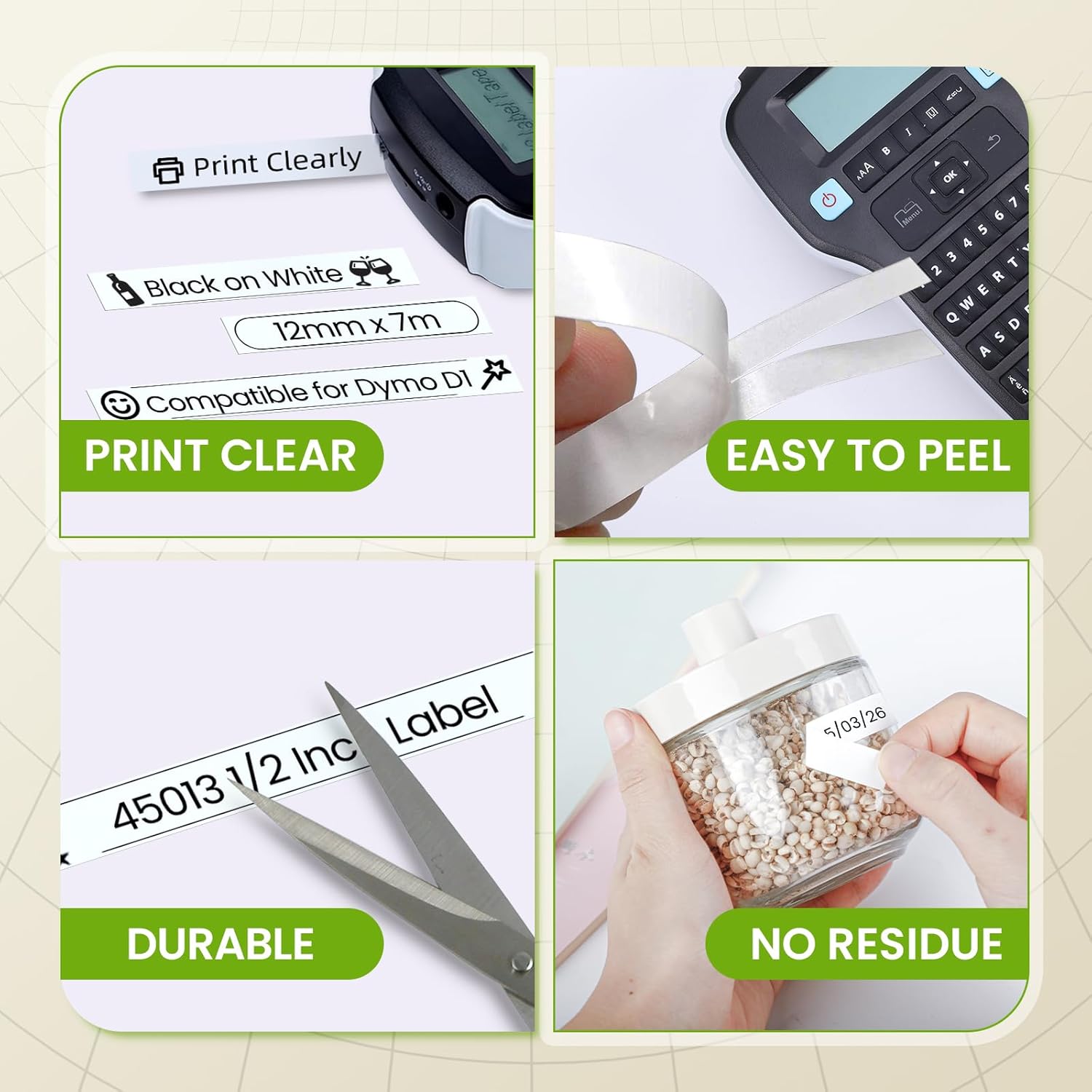 6 Pack Compatible with DYMO D1 45013 Label Maker Refills, 1/2 in x 23 Ft, A45013 Black Print on White, Self-Adhesive Labels Tape, for LabelManager 160 280 210D 360D Label Makers, 12mm x 7m