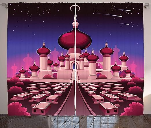 Amazon ファンタジー カーテン アラビアン 城 夜 オリエンタル おとぎ話 宮殿 風景 イラスト リビングルーム 寝室 窓 ドレープ 2パネルセット インディゴ マゼンタ ピンク 52インチ X 90インチ カーテン オンライン通販