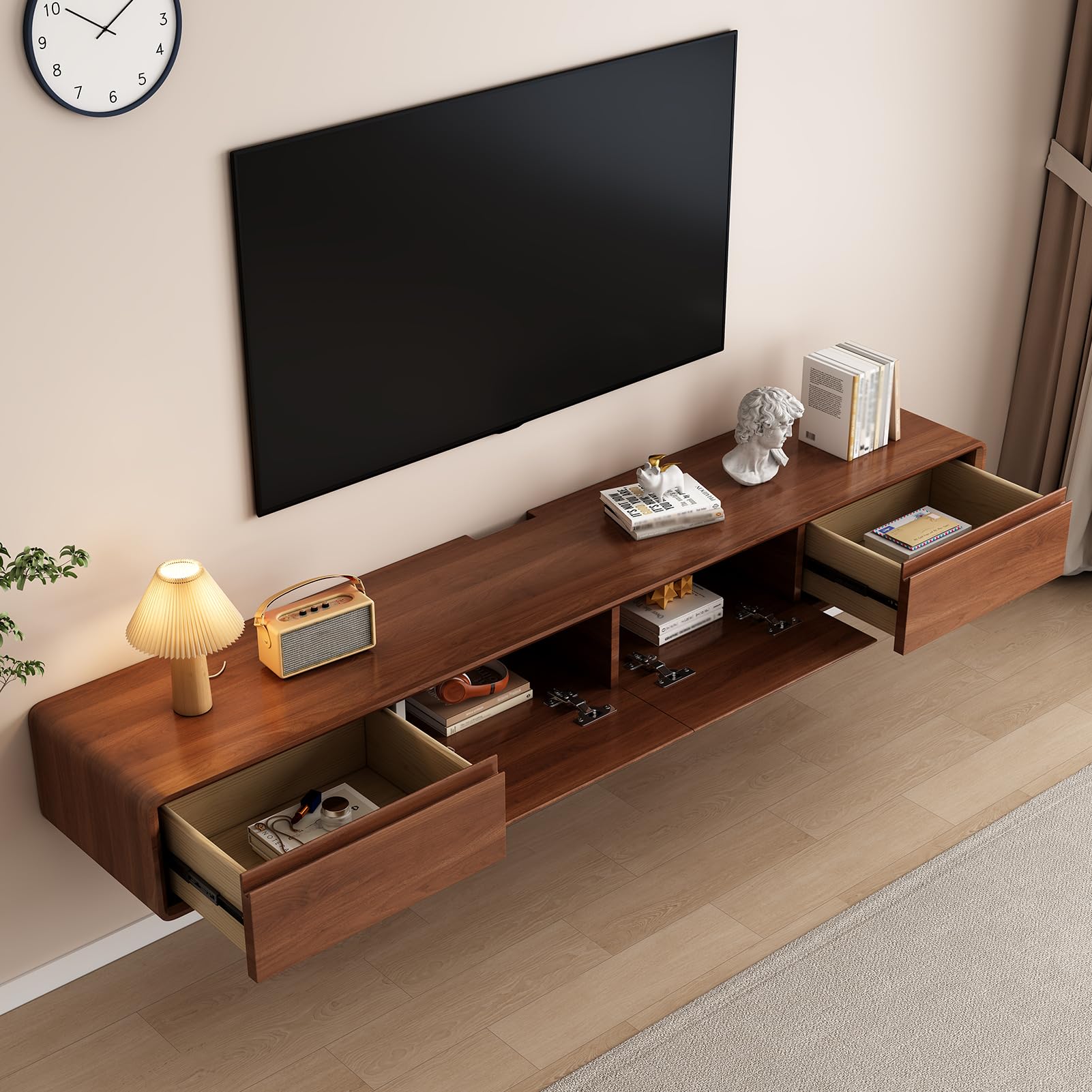 Schwebende TV-Einheit – Wandmontierte Medienkonsole mit 2 Klapptüren und 2 Schubladen, Entertainment-Center, TV-Schrank, Video-Regal für Zuhause (Walnuss, 160 cm)