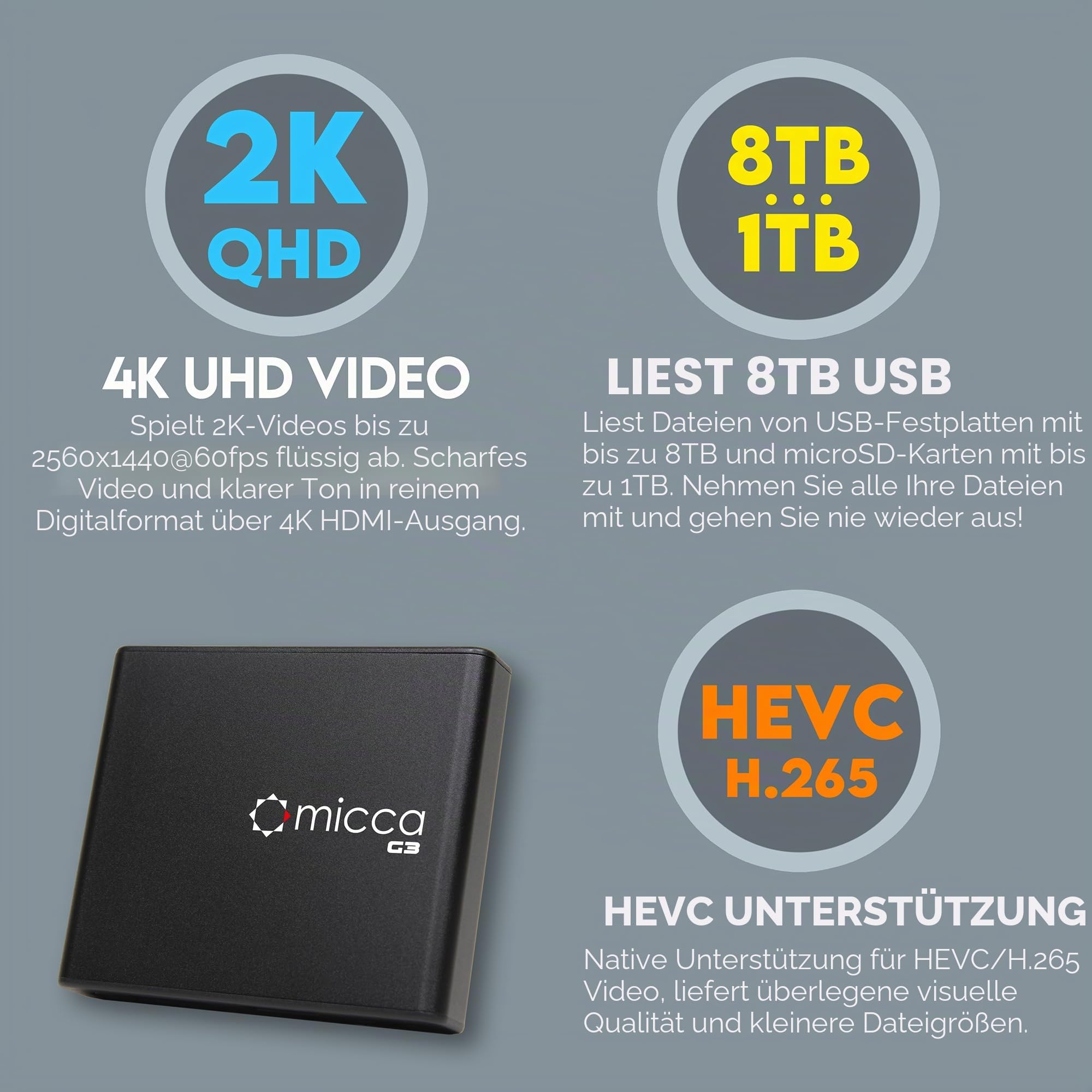 Micca Speck G3 2K Quad-HD Digitaler Media-Player H.265/HEVC H.264/AVC USB MicroSD