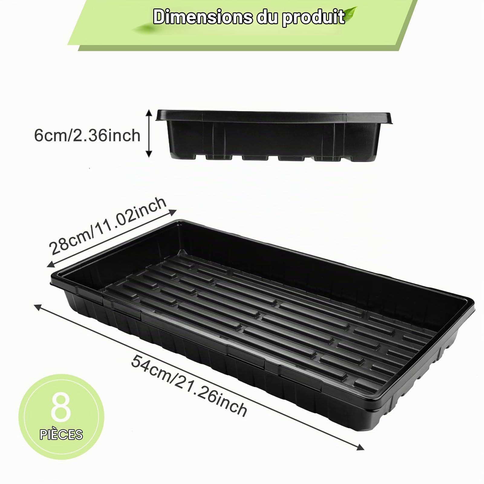8 Pièces Bac Plastique Germination (54 x 28 x 6 cm), Réutilisable Plateau de Culture pour Semises sans Trous D'évacuation pour Hydroponique en Serre