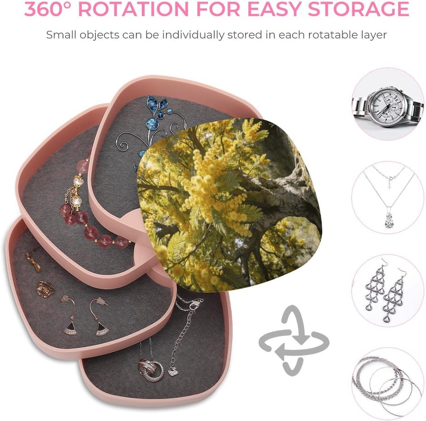 Acacia Jewelry Box 360° Rotatable Jewelry Organizer 4 Layers Jewelry Case with Lid Fashion Portable Earring Holder for Bracelets Rings Bracelets Vanity image 4
