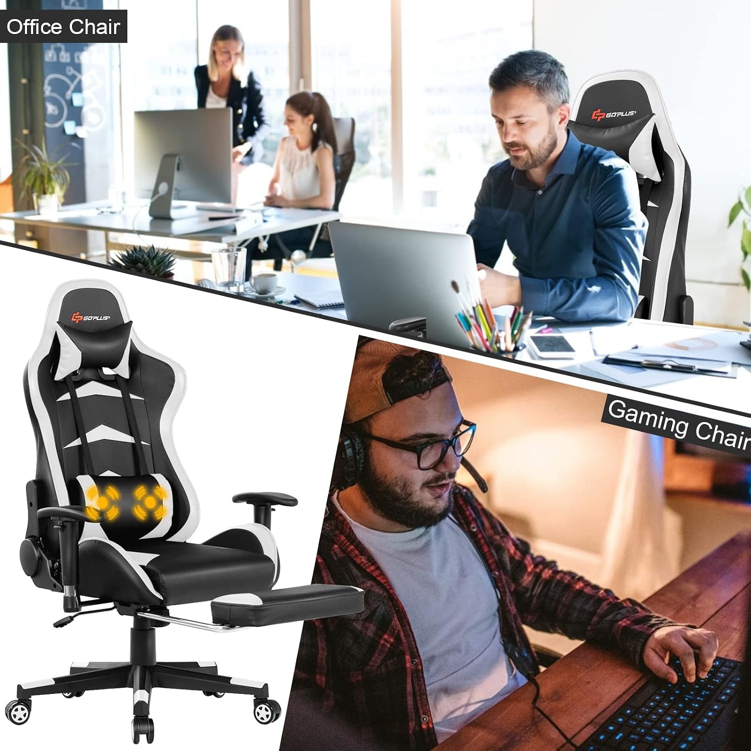 GORELAX Massage Gaming Chair, Reclining Computer Chair w/Lumbar Support, Adjustable Arms, Footrest, High Back Racing Style Ergonomic Home Office Chair for Heavy People (White)