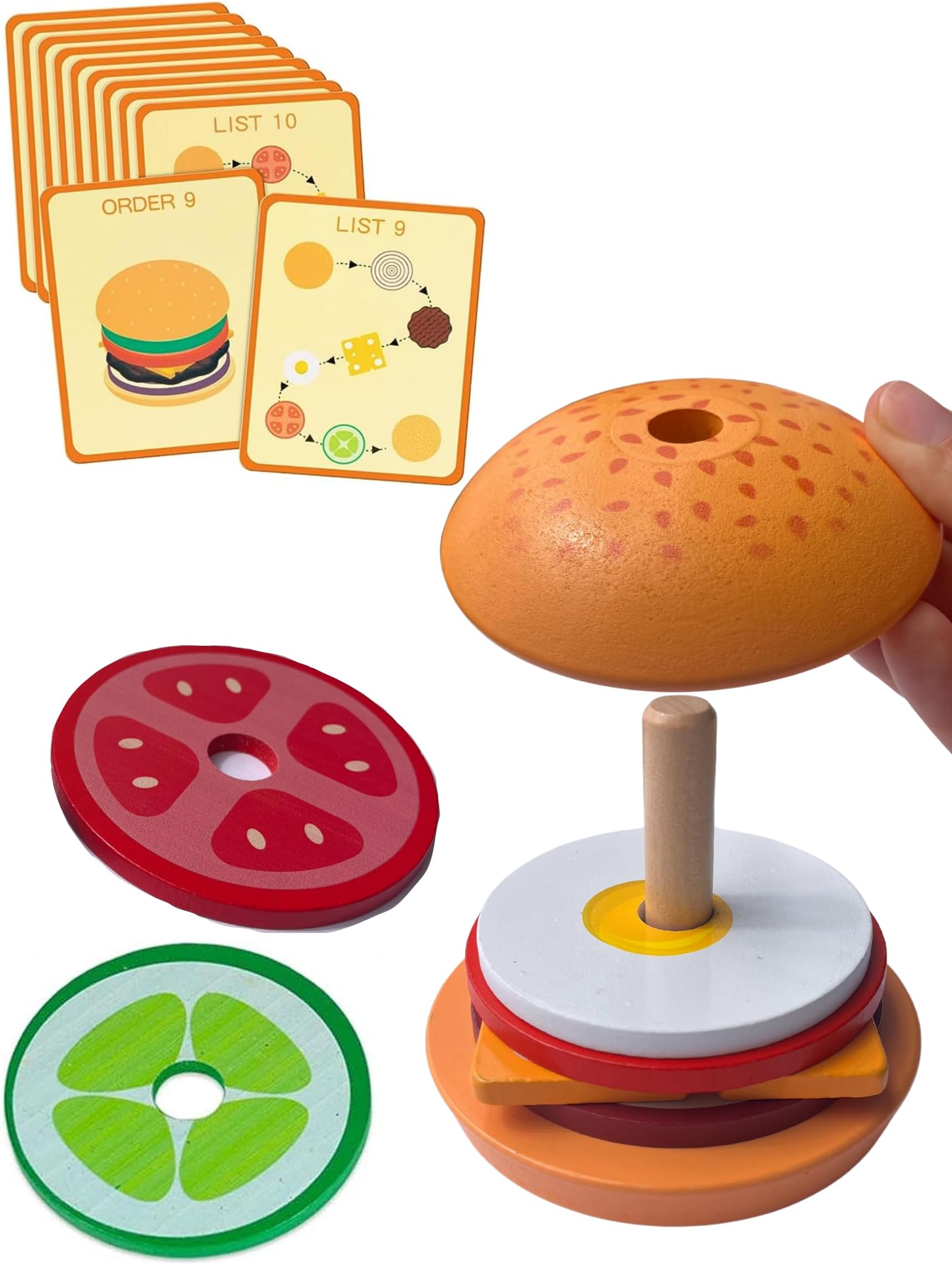 Montessori Stacking Toys Wooden Burger Toys with Order Cards Preschool Educational Toys to Develop Fine Motor Skills for 3 Year Old Toys for Toddlers (Burger)