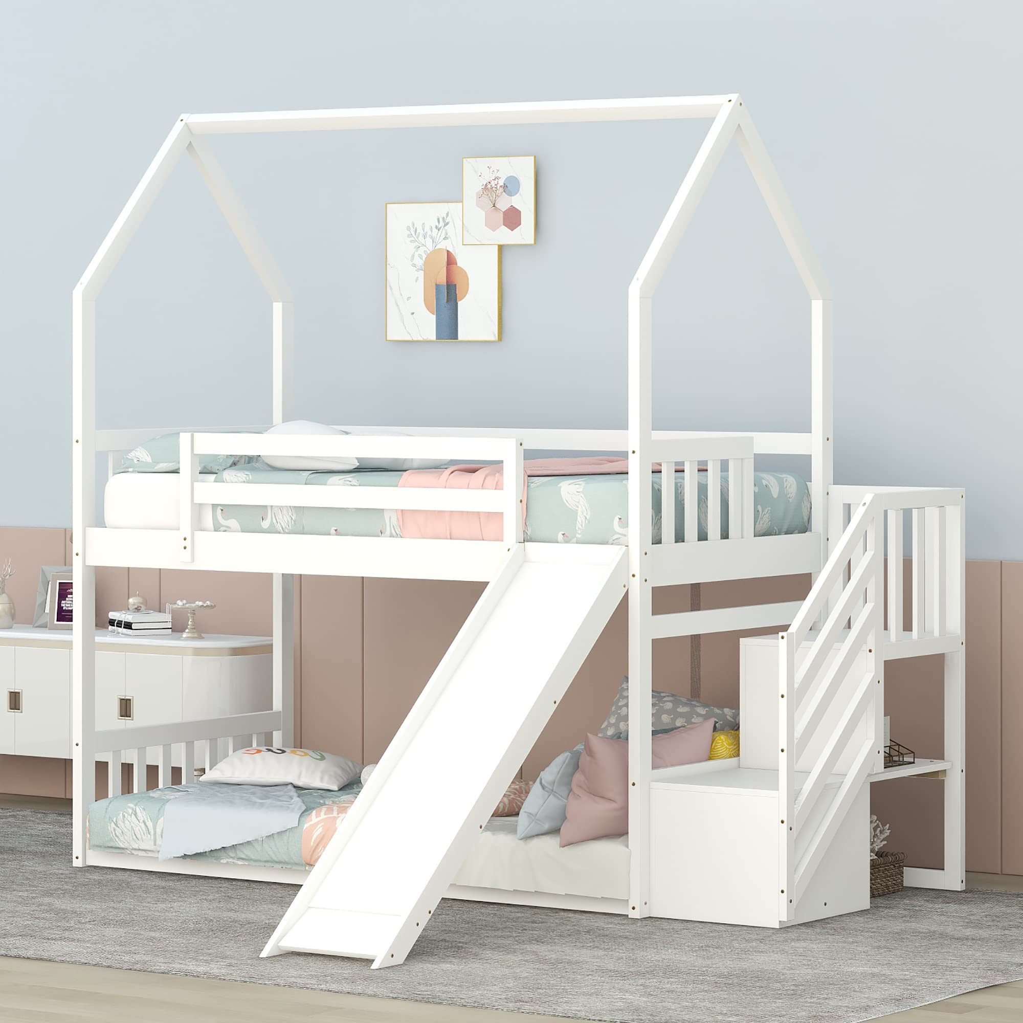 Harper & Bright Designs House Bunk Bed with Convertible Slide and Storage Staircase, Wood Twin Over Twin Bunk Bed Frame for Kids, Teens, Girls, Boys. No Box Spring Needed (White)