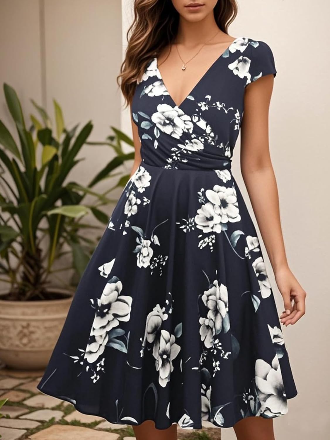 oxiuly Women's Cap Sleeve Summer Casual Dresses V-Neck Floral Vacation Party Dress OX233