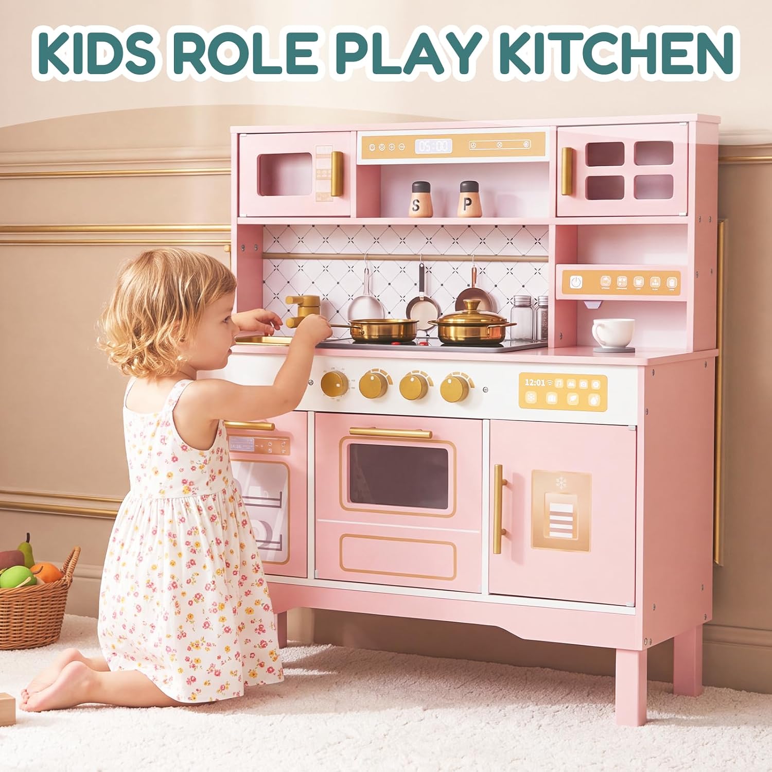 Wooden Kids Play Kitchen, Modern White Toddler Kitchen Playset with Realistic Stove, Click-Sound Knobs & Storage Cabinets, Montessori Pretend Cooking Toy Gift for Boys & Girls Age 3+ (Modern Pink) image 2