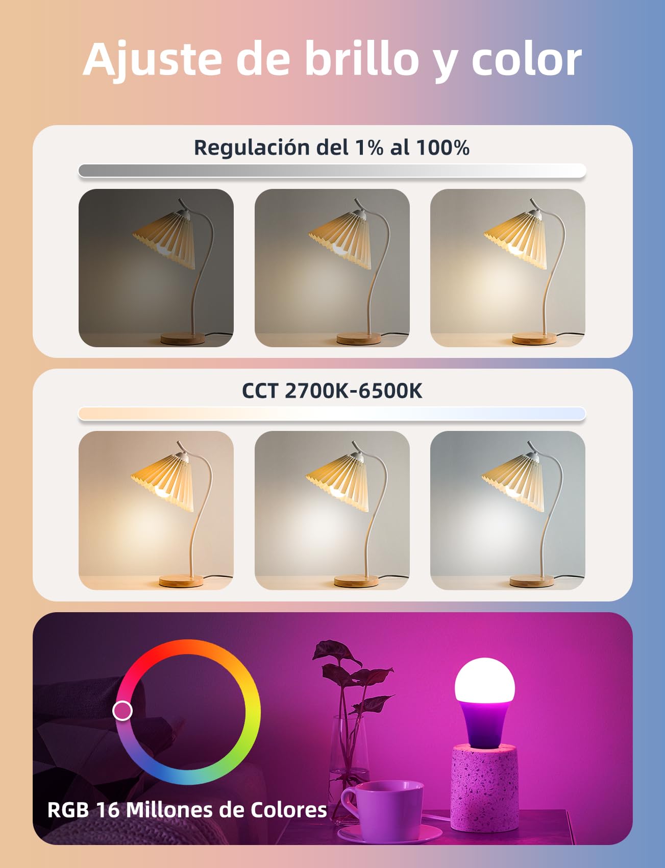 Aigostar Mesh- Bombilla inteligente Bluetooth Mesh, A60. 2700K-6500K y RGB regulable, E27, 12W, 1150 LM. Bombilla LED inteligente compatible con Alexa y Google Home. Incluye mando a distancia. 2Uds