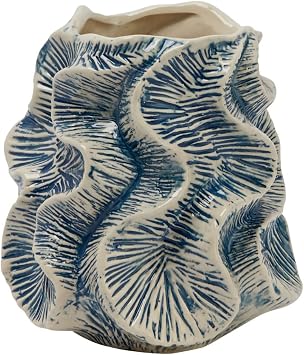 Bloomingville Organic Shaped Stoneware Vase with Wavy Pattern Exterior, Blue and Ivory