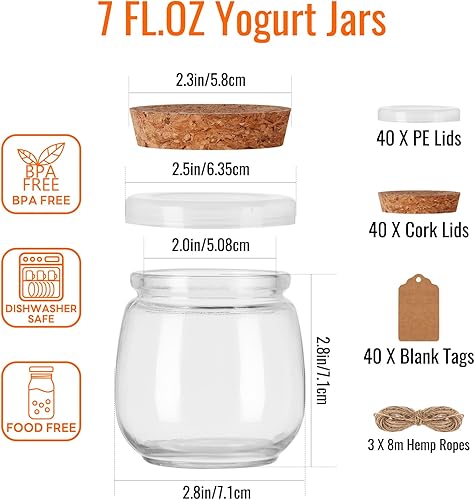Miniatura 2 de STARSIDE Paquete de 40 tarros de yogur de vidrio de 7 onzas con tapas de corcho y tapas de polietileno, tarros pequeños de velas de vidrio, tarros
