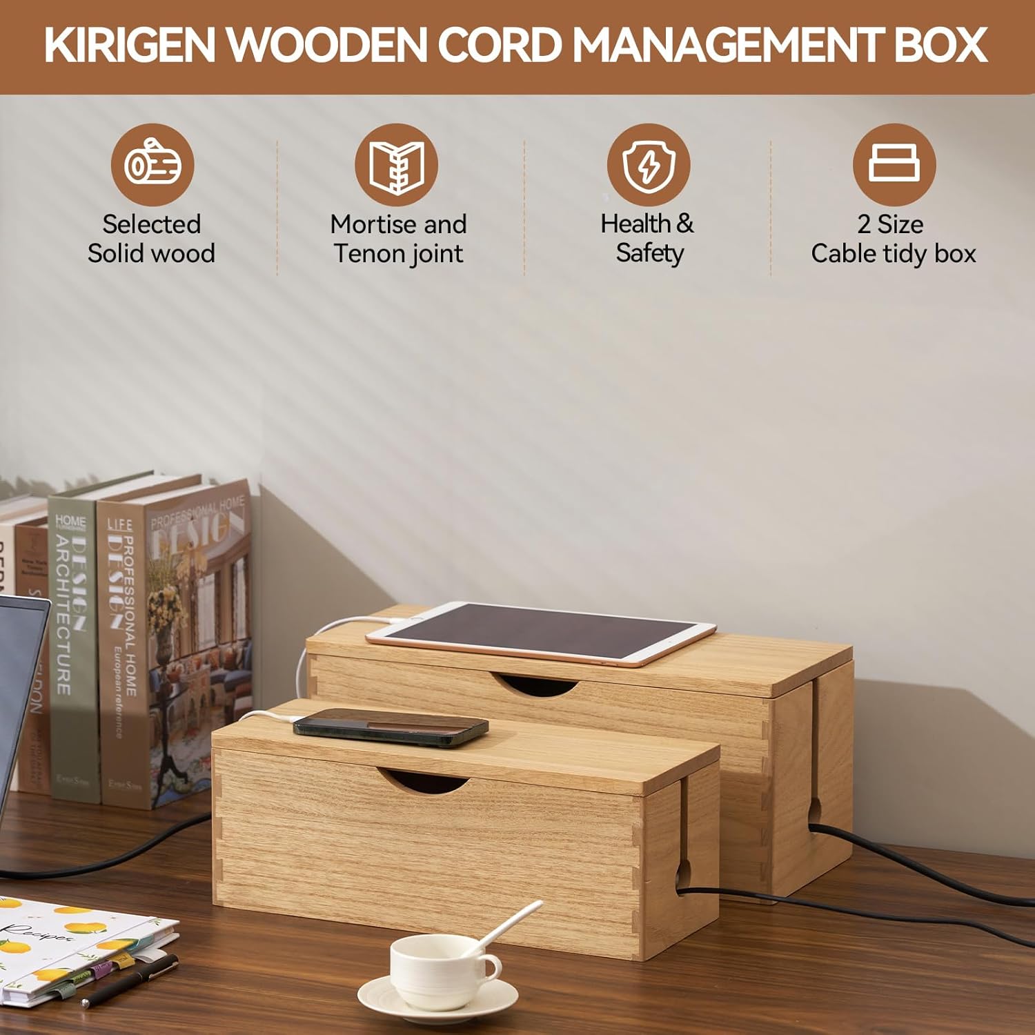 KIRIGEN Wooden Cable Management Box Set of 2 - Solid Wood Large & Small Cord Organizer Hides Power Strips, Chargers & Wires for Desk, TV Stand, Home Office DXH2T-NA