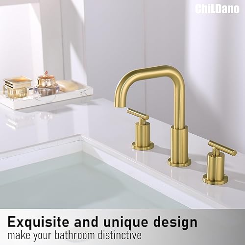 Miniatura 5 de Grifo de baño dorado con manguera de drenaje y suministro, 2 manijas de oro cepillado para fregadero de 3 agujeros, grifo de baño dorado CH3166BG