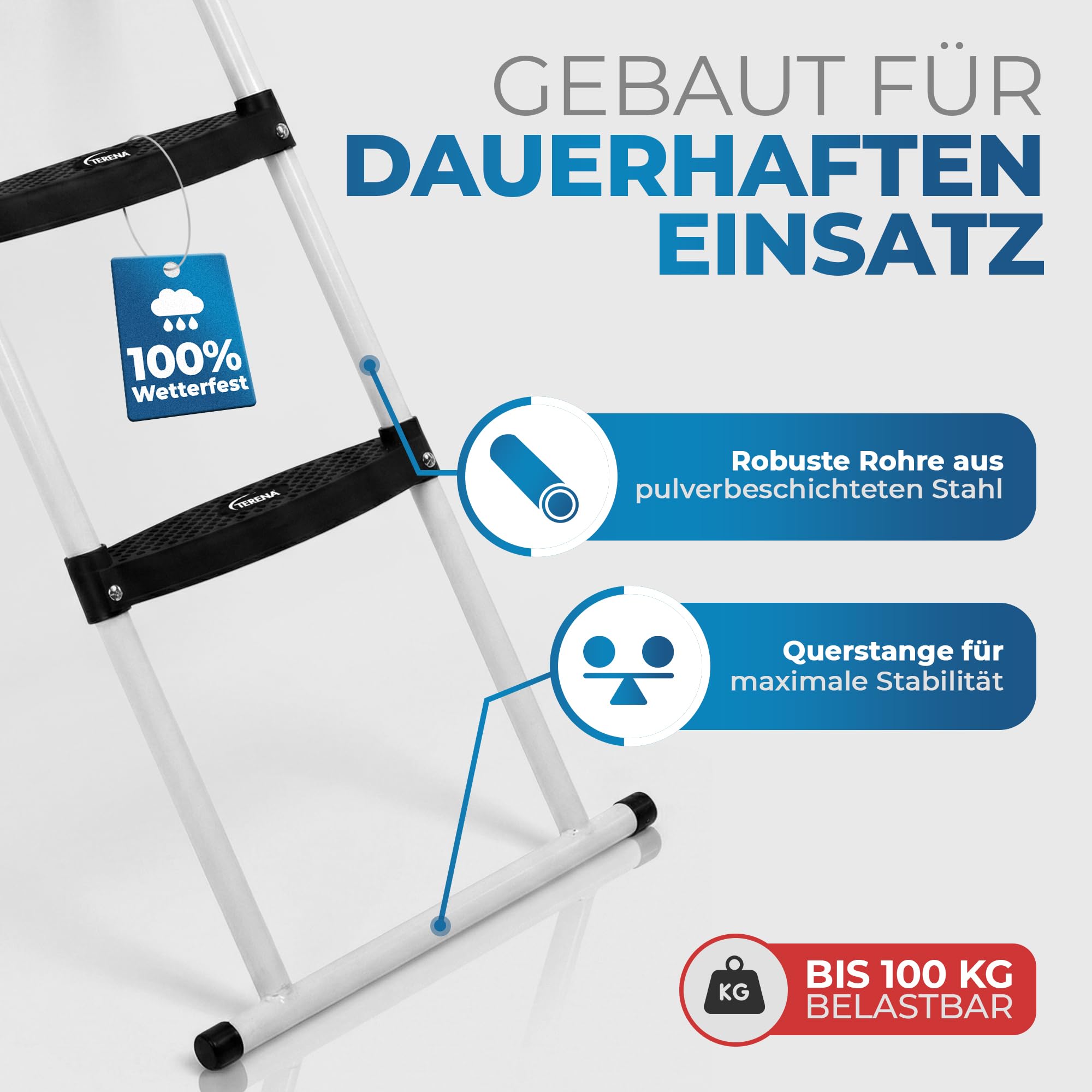 Terena Trampolinleiter 97 cm – Trampolinleiter mit Kunststoffstufen – Stabile Leiter für Trampoline – Wetterfeste Trampolin Leiter zum Einhängen – Rutschfeste Trampolin Treppe für Kinder & Erwachsene