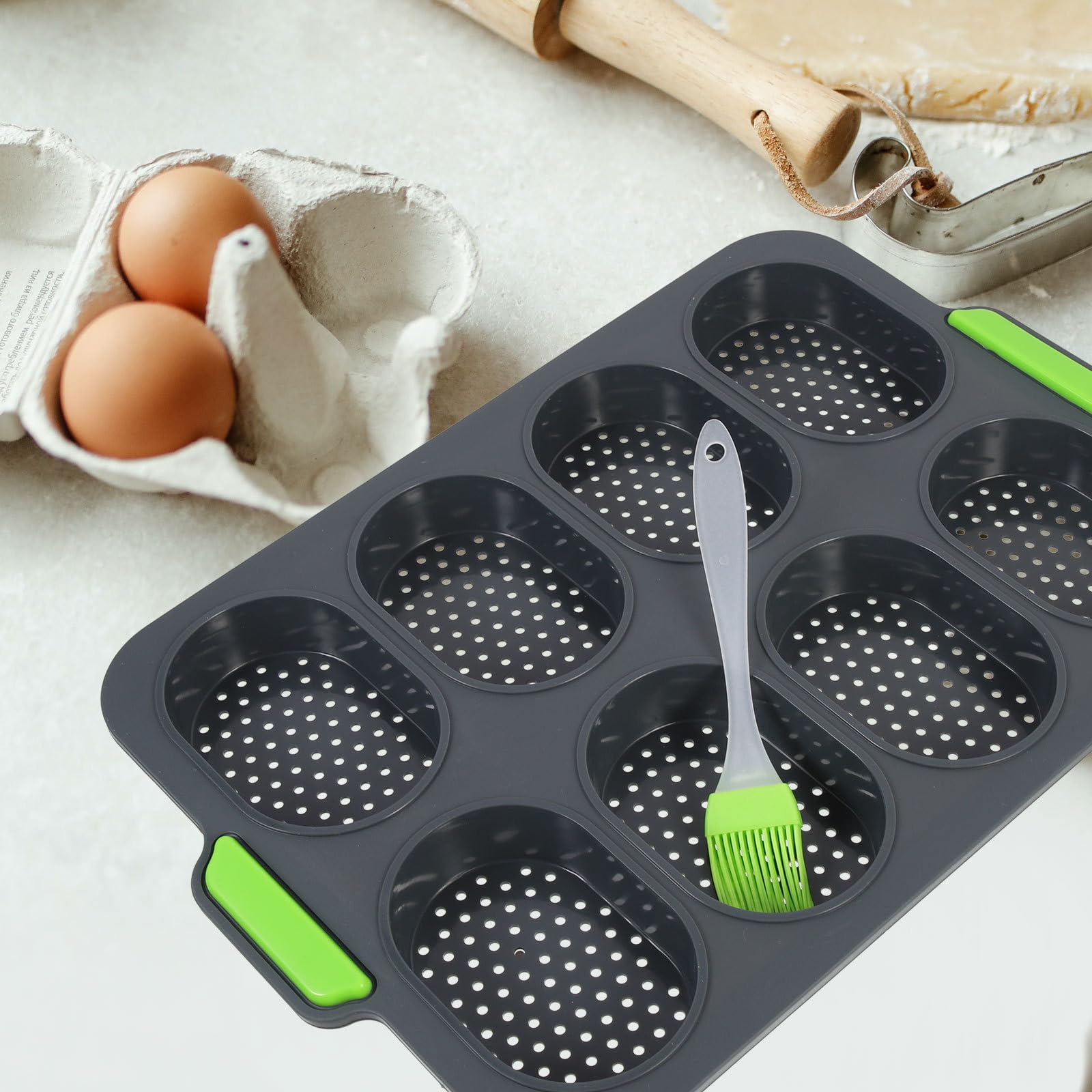 ABOOFAN Molde de Pan de Silicona para Hornear 8 Cavidades y 3 Ranuras para Baguette, Herramienta para Mejorar Habilidades de Panadería DIY y Profesional