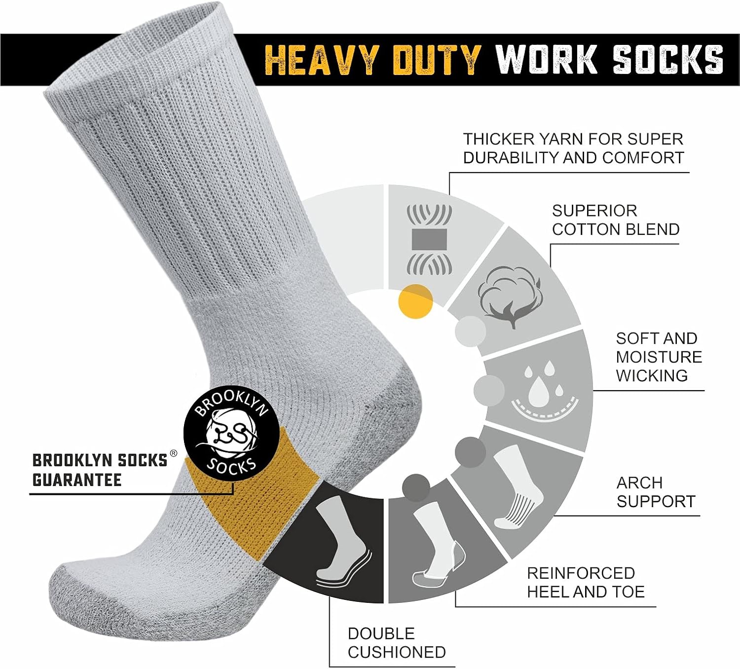 Mens Heavy Duty Steel Toe Work Cotton Socks, Thick Triple Cushioned Warm Crew Socks