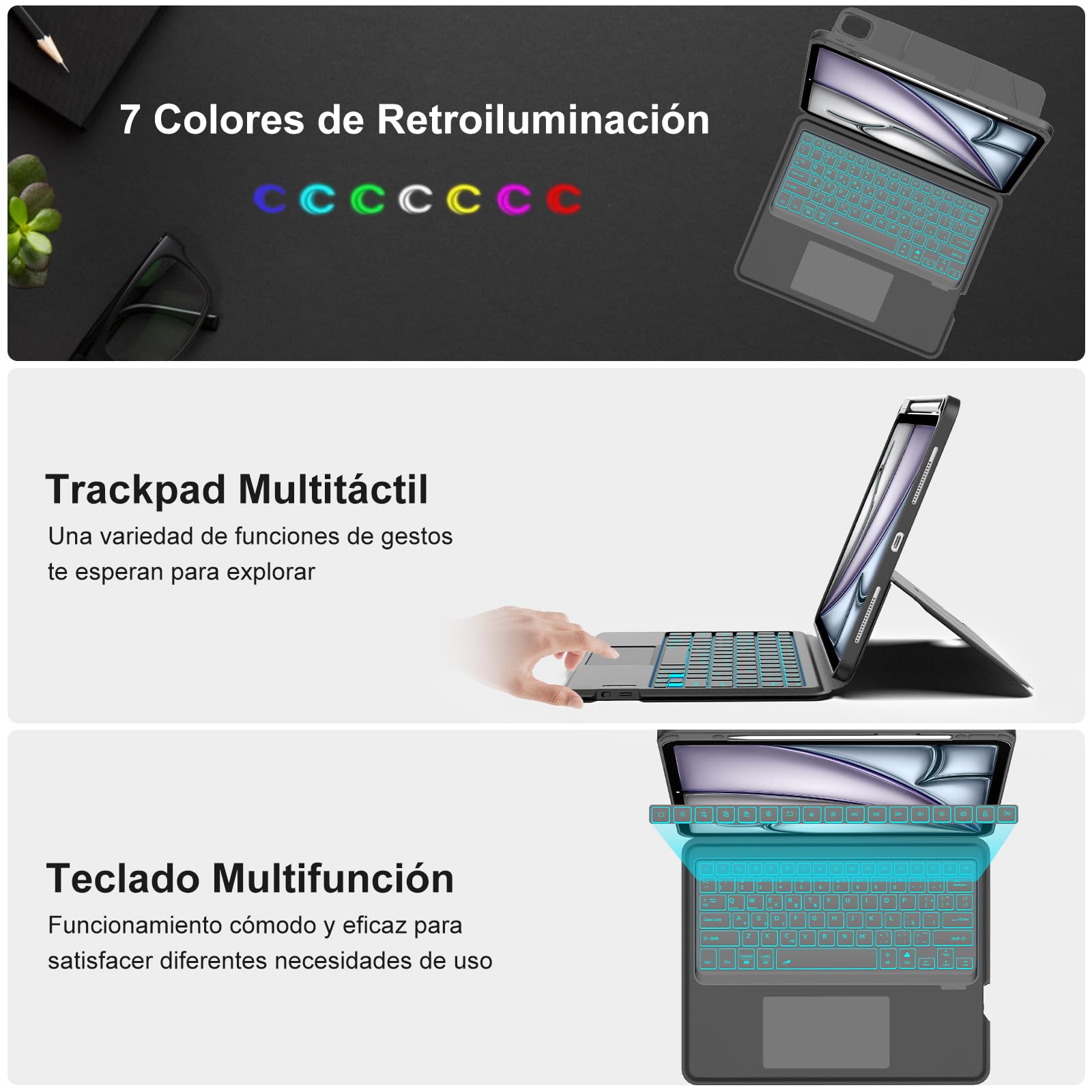 Funda Teclado para iPad Air 13'' M4 2026/M3 2025/M2 2024, Negro | Teclado Touchpad Retroiluminado para iPad Air 13 inch, Funda para iPad Pro 12.9'' 6/5/4/3 con Teclado Bluetooth Inalámbrico
