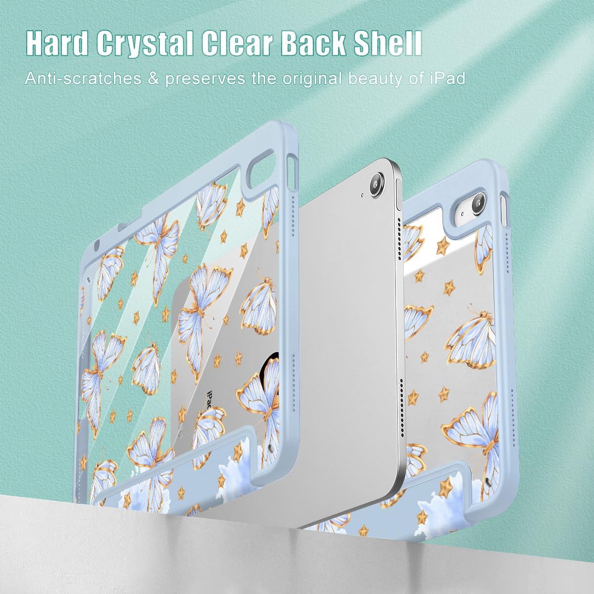 Tuiklol Case for iPad Air 11 Inch (M3 2025/M2 2024) / iPad Air 10.9 Inch 2022 2020 Air 5th /4th Gen, Buit in Pencil Holder with Shockproof Cover Clear Transparent Back Auto Wake/Sleep, Butterfly Blue - Image 4