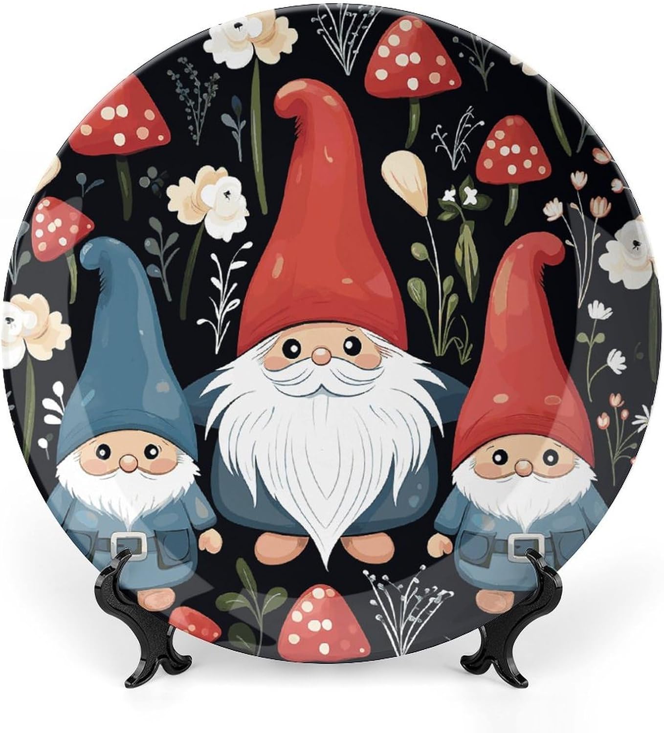 Cute Gnomes Decorative Plates for Display Round Porcelain Plate Living Room Table Ceramic Hanging Decorative Plate Art Decor for Living Room Table with 1 Display Stand 8inch