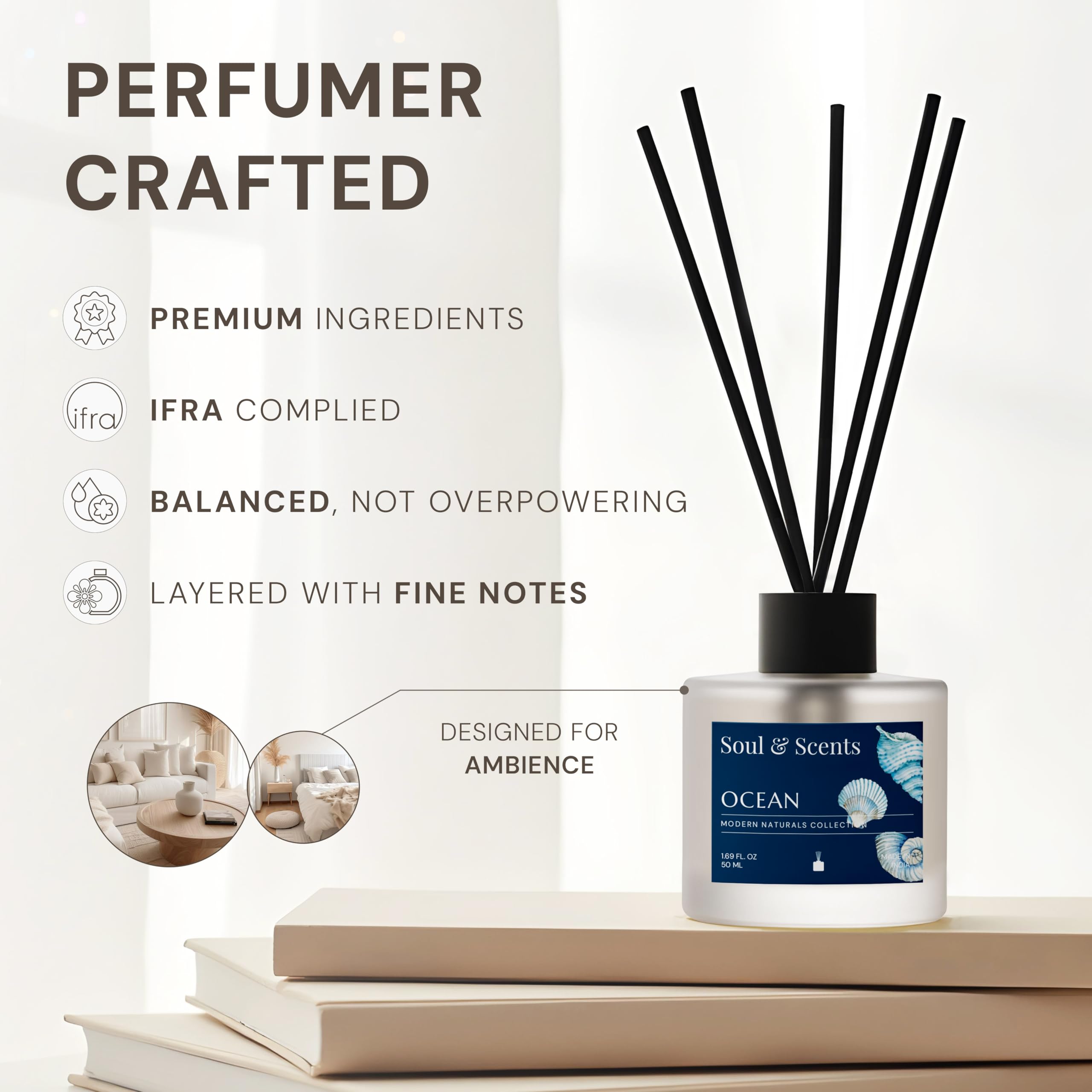 Soul & Scents 50ml Ocean Reed Diffuser Set | A Blend of Sea Breeze, Melon & Driftwood | Get 5 Rattan Reed Sticks | Smoke Less Room Freshener for Home, Bedroom, Living Room & Office 4