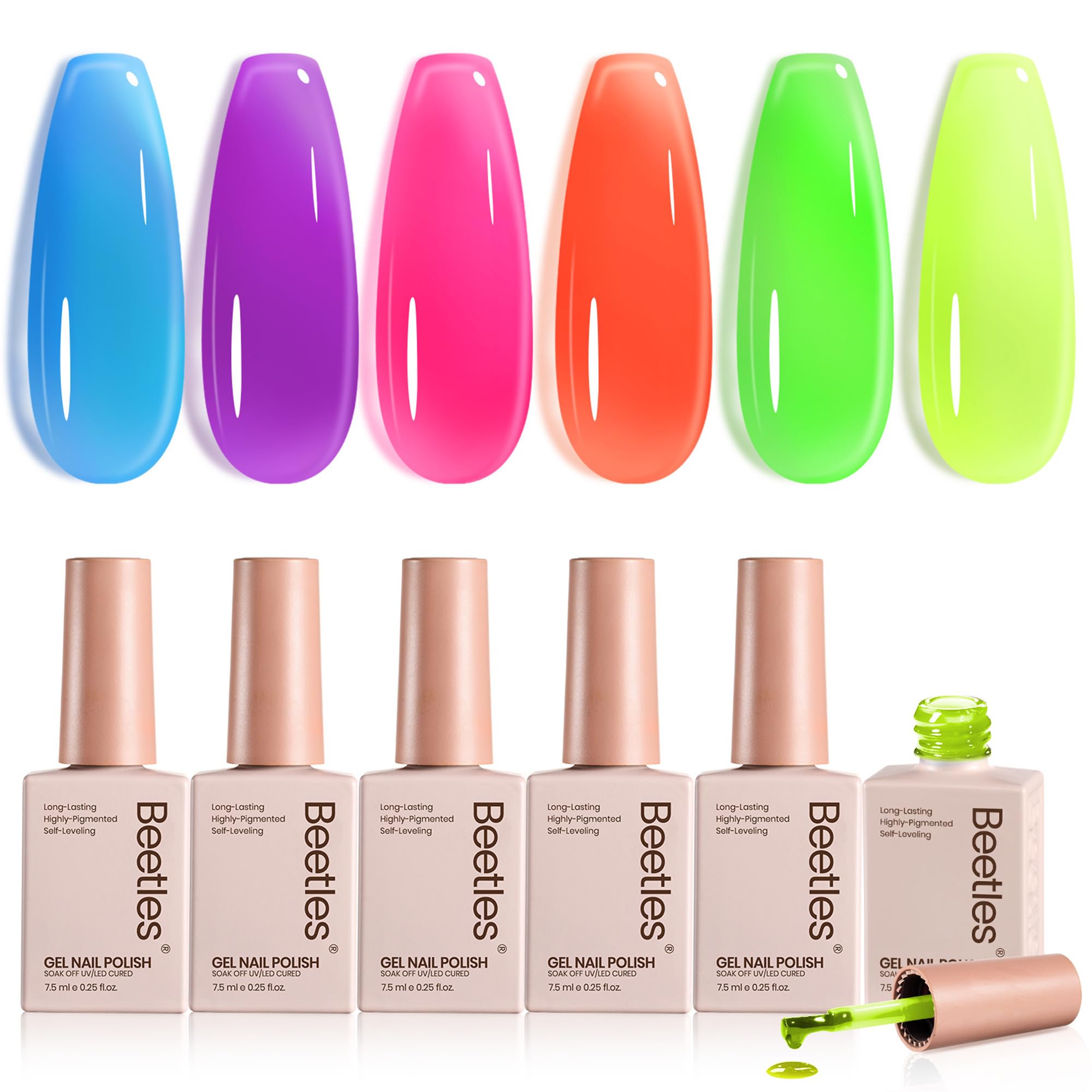 Beetles Neon Gel Nail Polish Set, 6 Colors Summer Jelly Gel Polish Kit Sheer Hot Pink Green Orange Purple Blue Yellow Translucent Effect Soak Off UV French Nail Art Manicure Gift for Women