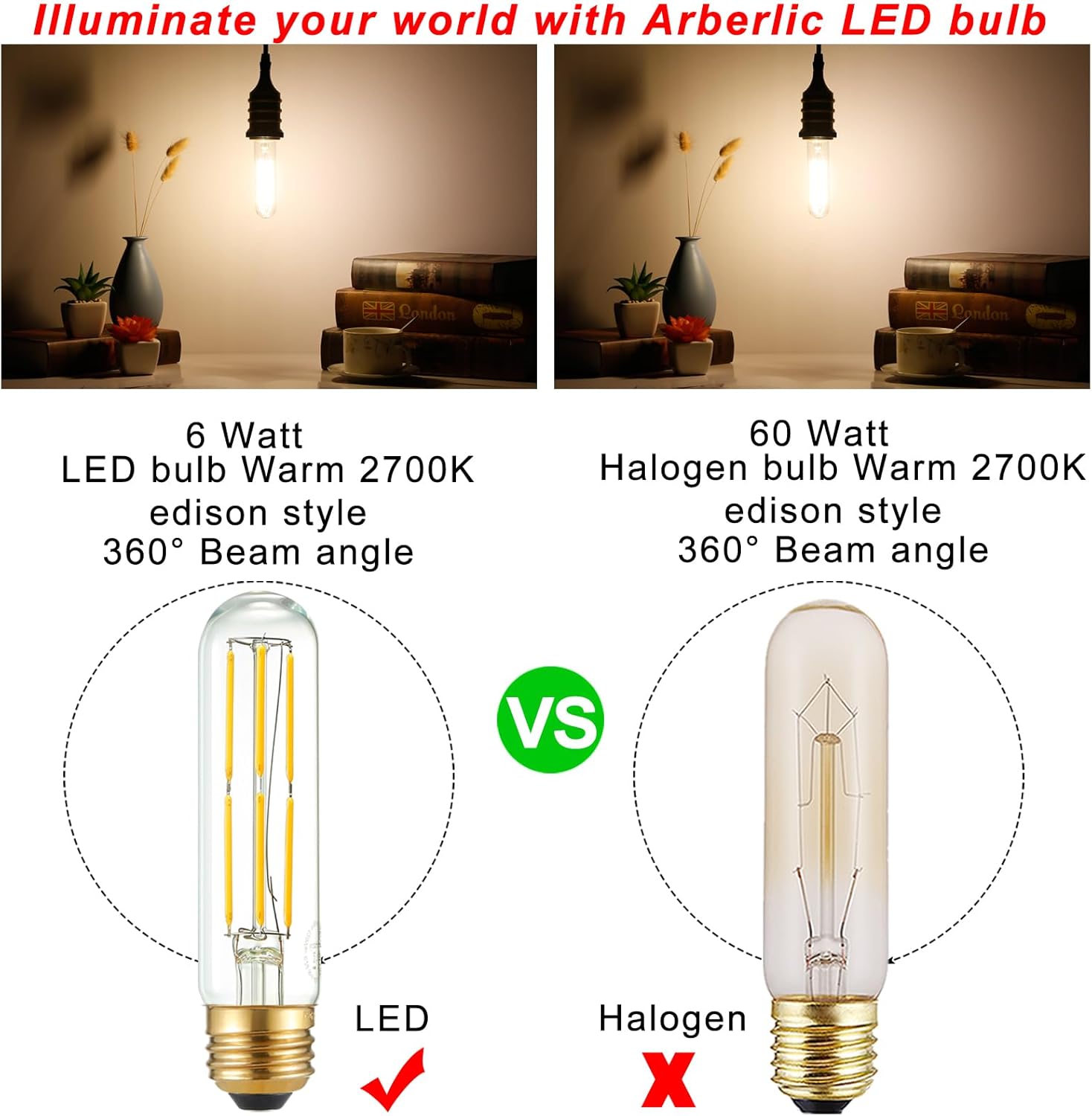 Arberlic 5 Inch T10 LED Bulb,6W Tubular Light Bulb Equivalent E26 led Bulb 60 watt dimmable,Warm White 2700K,600lm,CRI85+,AC120V,Edison Style,Clear Glass,Flicker Free,Pack of 6