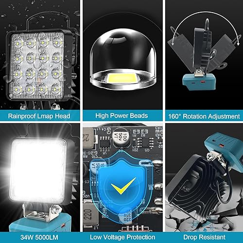 Miniatura 2 de Luz de trabajo 34W 5000LM linterna compatible con batería Makita 18 V LXT, 2 luces de brillo 18 V LED luz de trabajo con USB y tipo C 18 V