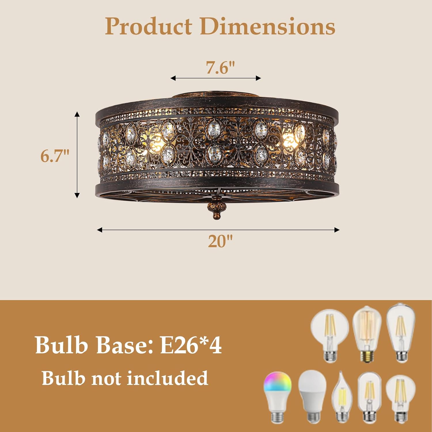 20" Vintage Fandelier Ceiling Fan with Light, Low Profile Caged Ceiling Fan in Distressed Black and Bronze, Farmhouse Chandelier Fan with Oval Crystals for Bedroom, Kitchen, Living Room,Small Room