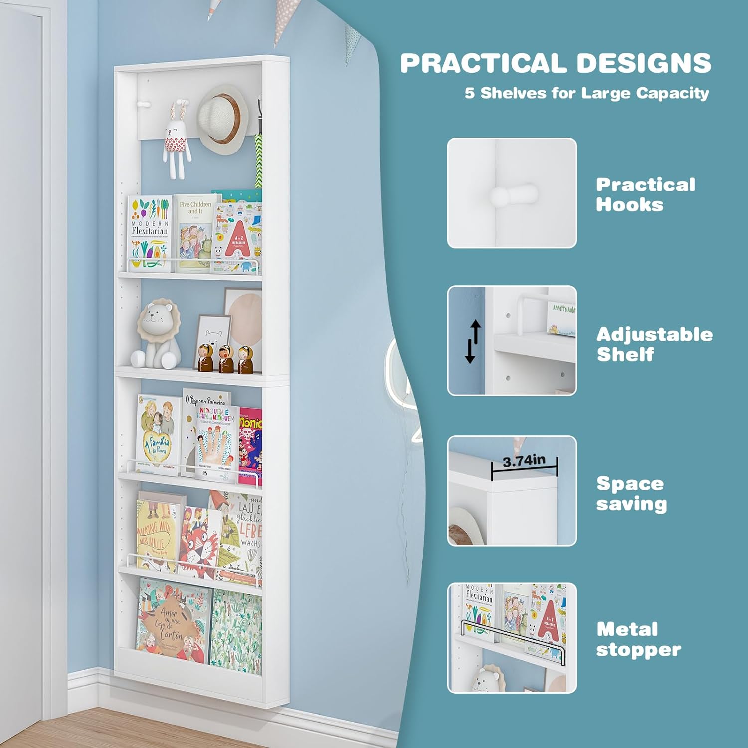 5-Tier Kids Bookshelf, Wall-Mounted Book Shelf with Adjustable Shelves & Hooks, Wooden Kids Bookshelf and Toy Storage, Space-Saving Behind Door Bookshelf for Kids' Rooms, Playroom, Nursery（White）