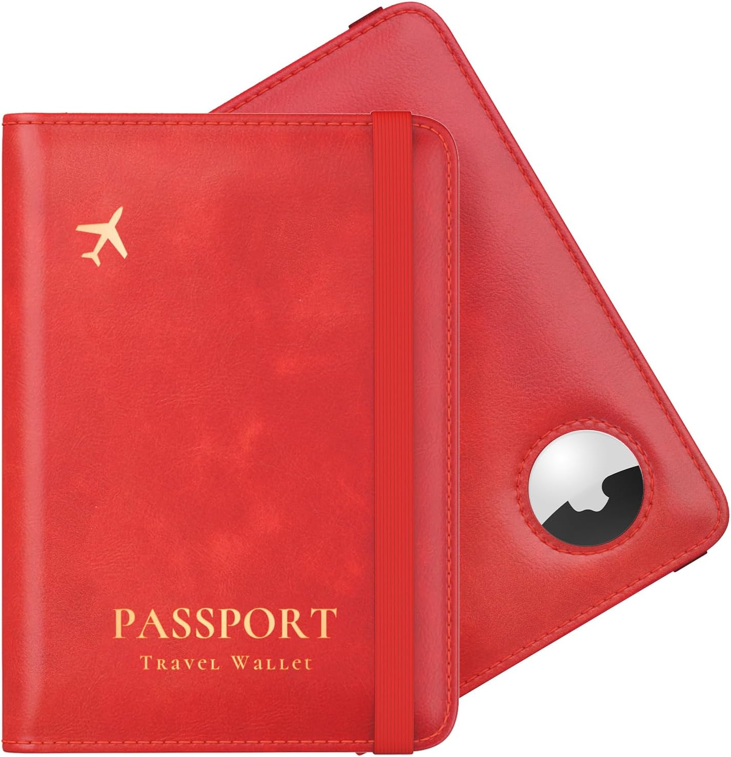 Stouchi AirTag Passport Holder, Simple Passport Holder with Airtag Slot, RFID Passport Wallet Cover for Women, Family Leather Passport Protector Case, Anti-Lost Travel Accessories, Red