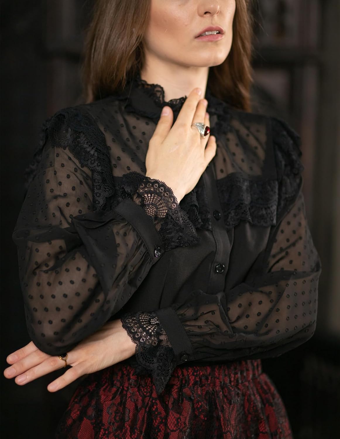 Scarlet Darkness Women's Victorian Lace Tops Polka Dot Button Down Long Sleeve Shirt - Image 5