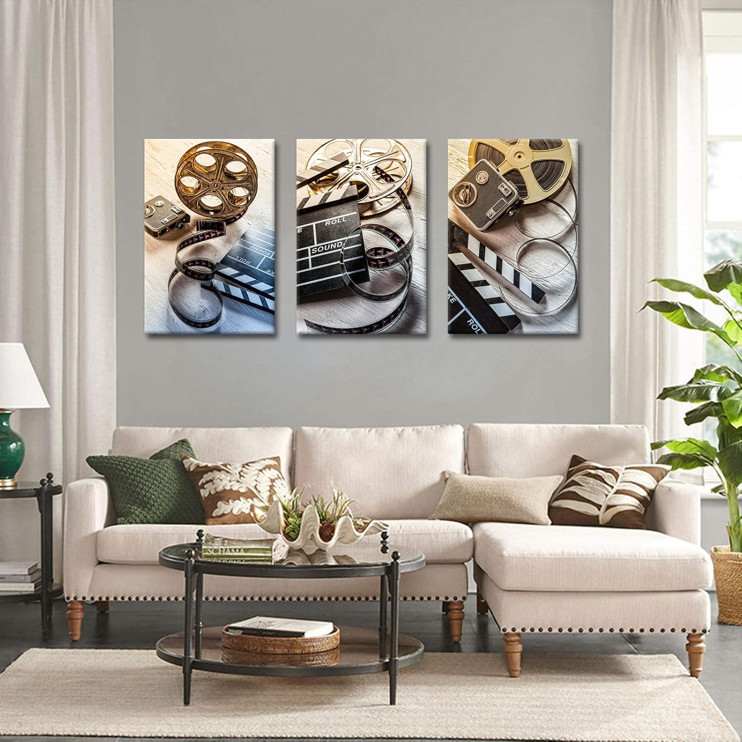 3 Piece Film and Camera Canvas Wall Decor Filmmaking Concept Scene Clapper Picture Modern Home Art Home Movie Theater Media Room Bar Pub Stretched and Framed Ready to Hang 16"x 24"x3 PCS image 2