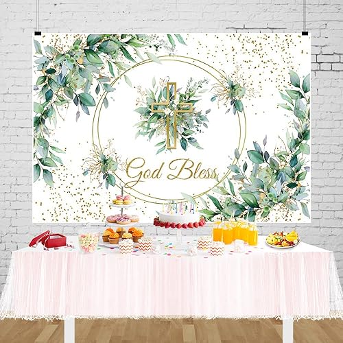 Miniatura 6 de Mestiker Telón de fondo verde de 7 x 5 pies, diseño de hojas de eucalipto con purpurina, fondo de cruz para primera comunión, bautizo, fiesta,