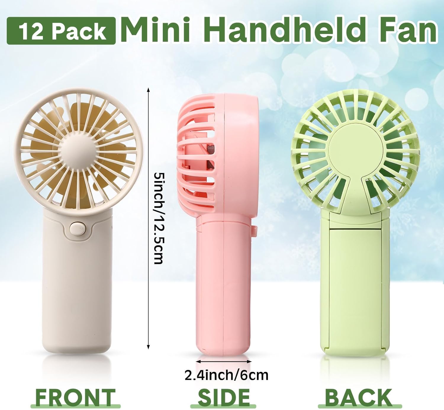 12 Pcs Mini Portable Fan Handheld Battery Operated Portable Small Personal Fans for Summer Beach Indoor Outdoor Travel Cooling Gift (Green,Pink,White)