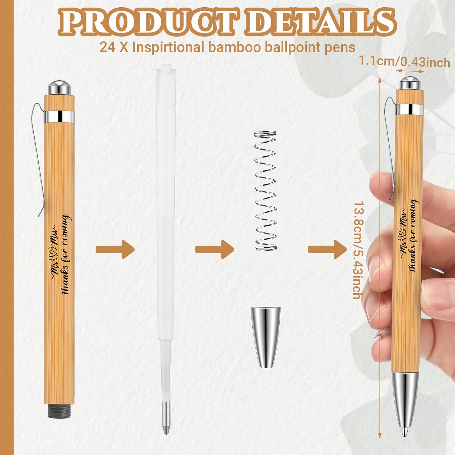 Yeaqee 104 Pcs Wedding Thank You Gifts Include 50 Wedding Bamboo Retractable Ballpoint Pens Wooden Black Ink Bridal Shower Pens 50 Greenery Bookmark Cards and 4 Twines for Party Favor Supplies