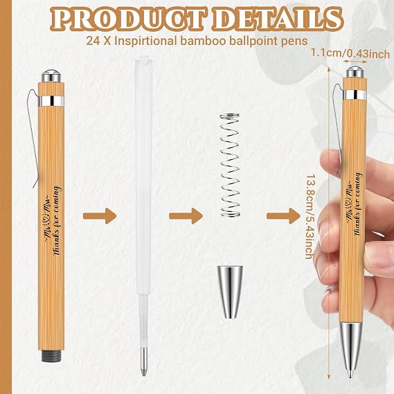 Yeaqee 104 Pcs Wedding Thank You Gifts Include 50 Wedding Bamboo Retractable Ballpoint Pens Wooden Black Ink Bridal Shower Pens 50 Greenery Bookmark Cards and 4 Twines for Party Favor Supplies