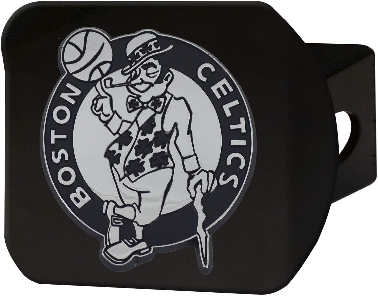 FANMATS NBA - Boston Celtics Black Hitch Cover with Chrome Emblem| 3.4"x4" |Circular Leprachaun Primary Logo