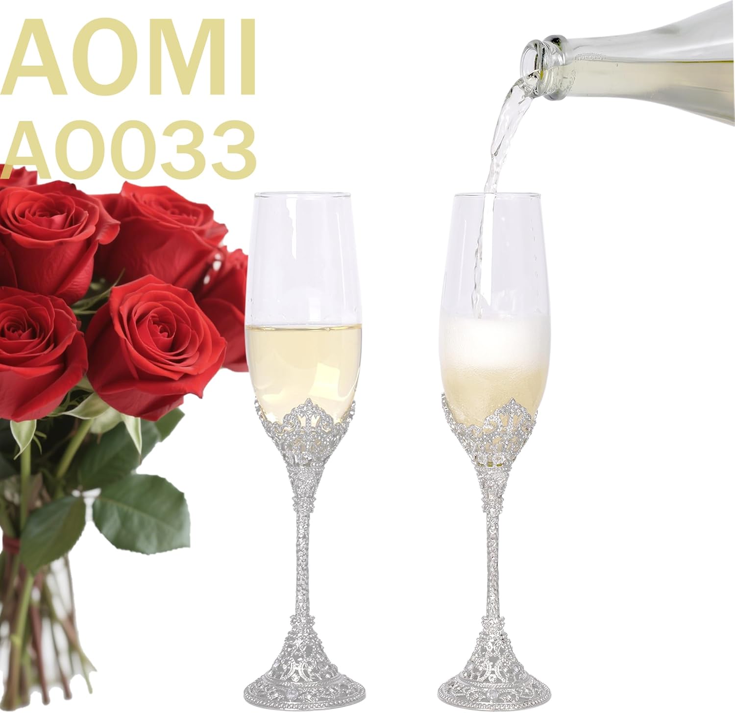 Wedding Champagne Flutes Toasting Glasses, Silver 7oz Toasting Flute Pair Crystal Metal Base with Sparkling Crystals for Wedding Anniversary Party Birthday Banquet and Gift for Bride Groom Giftboxed