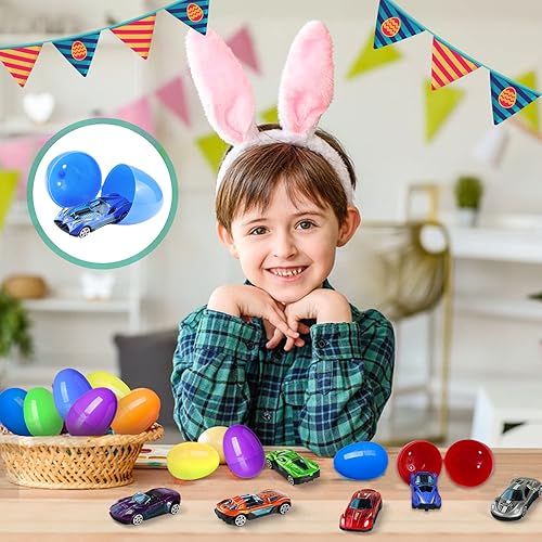 Miniatura 4 de Letapapa Paquete de 12 huevos de Pascua con autos fundidos a presión para niños y niños, huevos de Pascua precargados con juguetes en el interior
