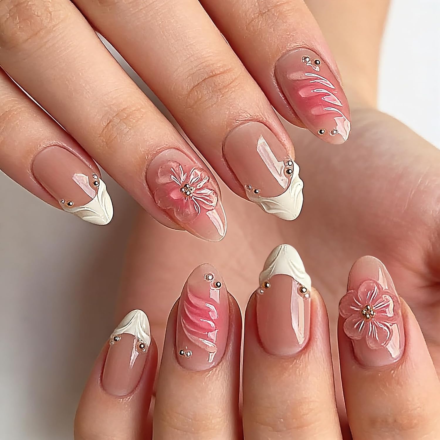 Pastel Yellow Summer Press on Nails Medium Long Almond Fake Nails with 3D Hot Pink Tropical Floral&Butter Yellow French Tip Designs, Vacation Beach Press Ons for Women, 30PCS