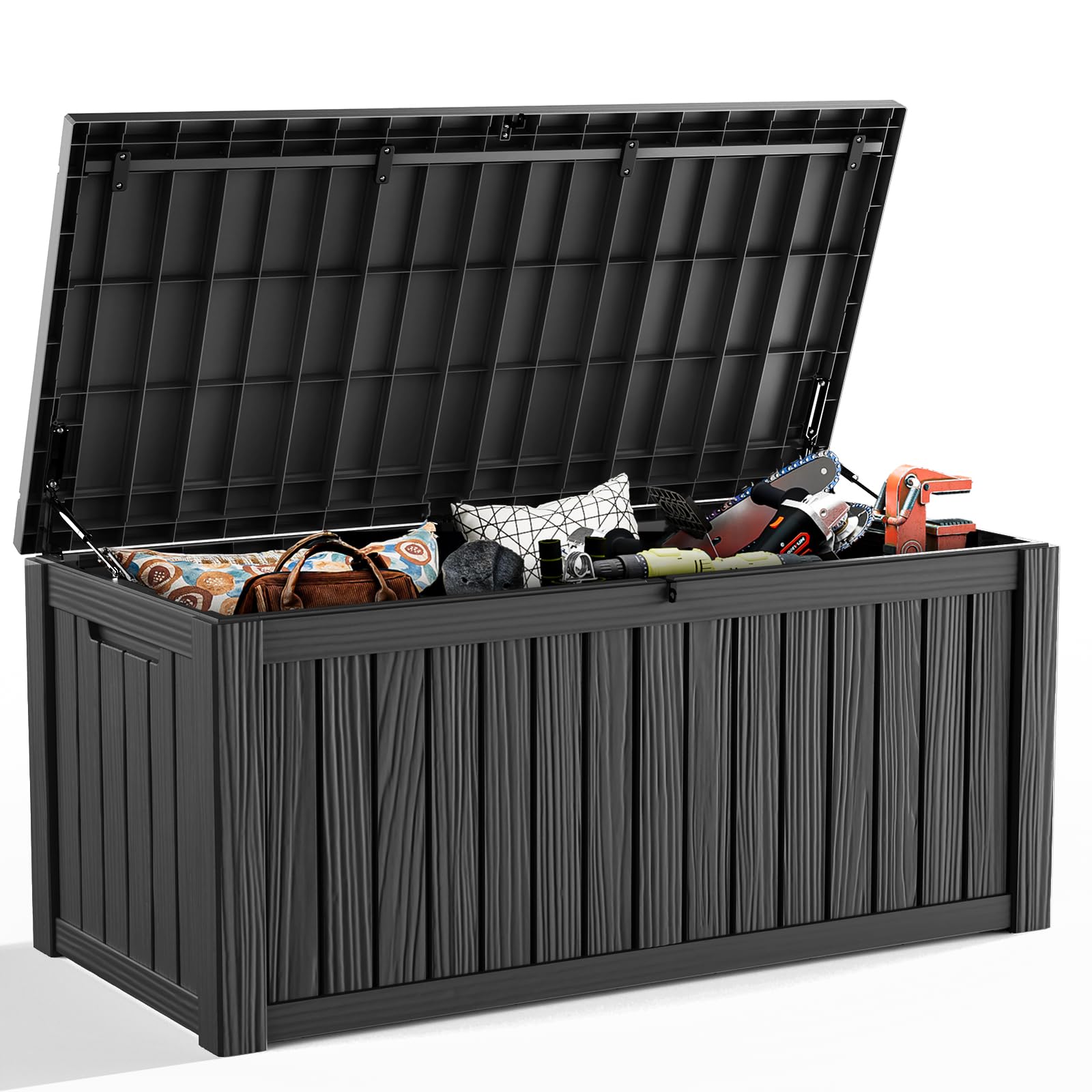 ROJIK 150 Gallon Outdoor Storage Box Waterproof - Patio Furniture Outside Deck Box, Garden Tools, Cushions, Pool Accessories Storage Bench with Lockable Lid and Side Handles (Black, 150 Gal)