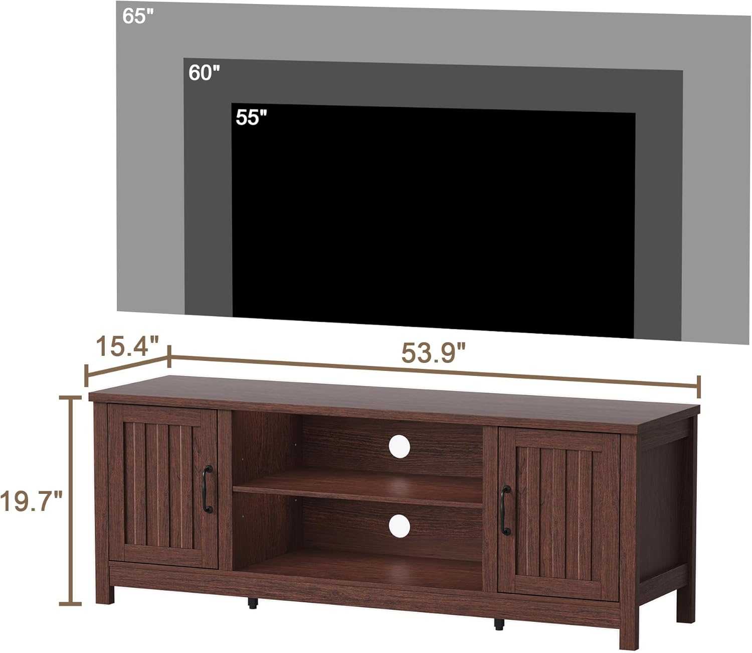 choochoo 54" farmhouse tv stand for tvs up to 65 inches, entertainment center with storage cabinets, open shelves and fluted door, tv console table for living room, bedroom, walnut 15.35"d x 53.94"w x 19.69"h walnut