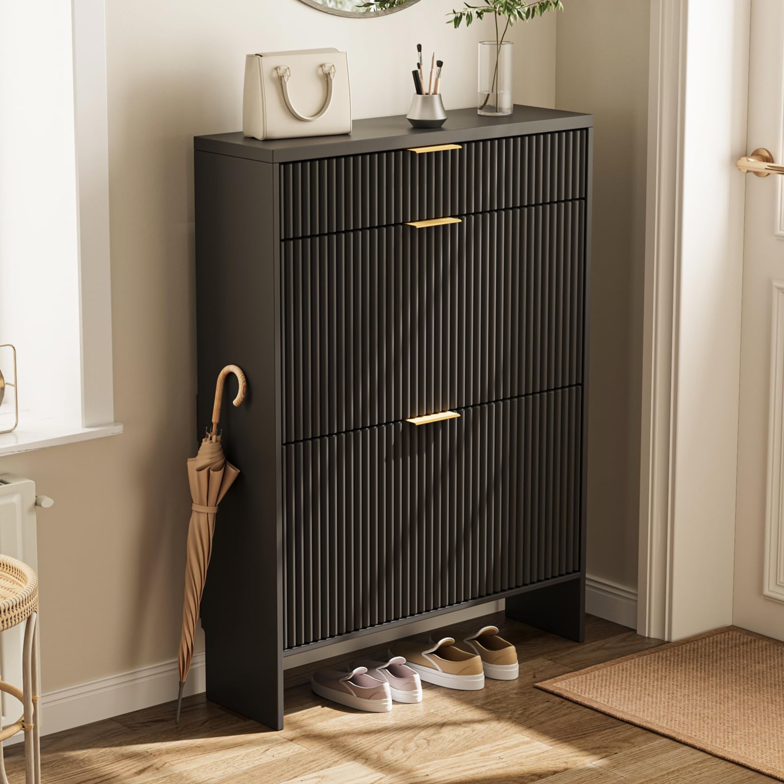 Fluted Shoe Cabinet Storage with 2 Flip Drawers &amp; 1 Drawers, Wood Narrow Hidden Shoe Cabinet for Entryway, Freestanding Slim Shoe Rack Organizer for Foyer Hallway Living Room(Black)