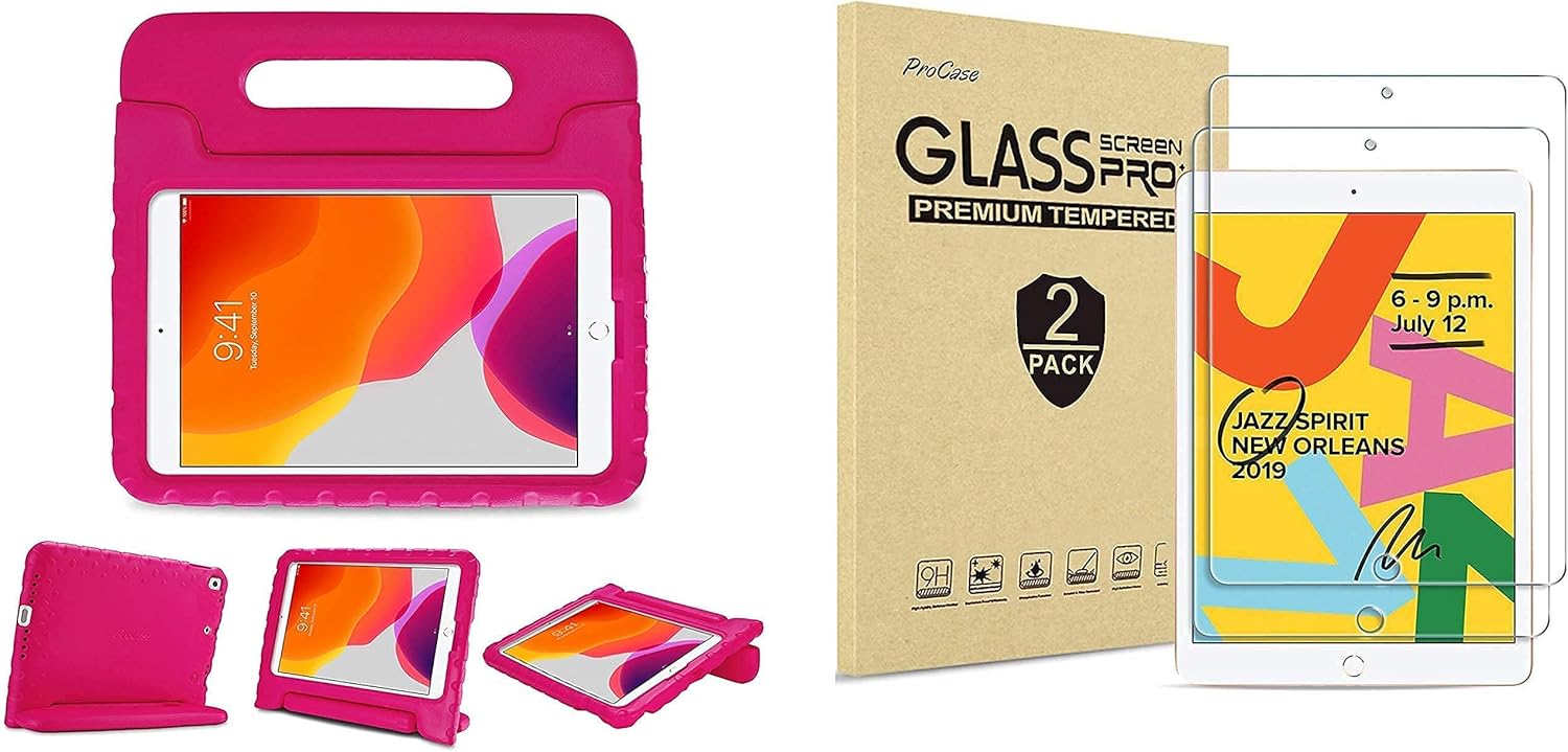 ProCase Kids Friendly Case for iPad 7th Gen 10.2" 2019 / iPad Air 3rd Gen/iPad Pro 10.5"(Magenta) Bundle with 2 Pack iPad 10.2 7th Generation Screen Protector