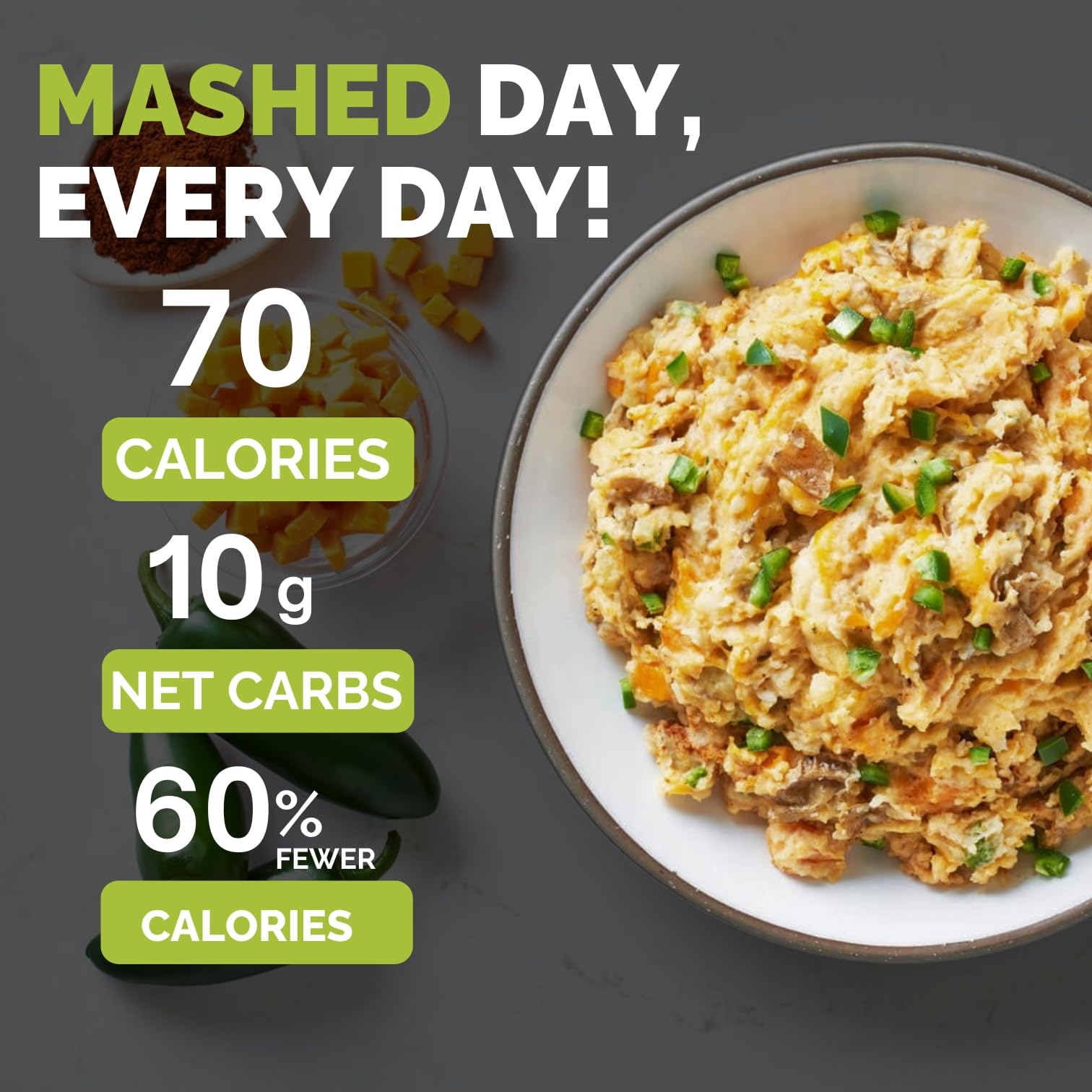 Palmini Cheddar & Jalapeno Mashed |Low Carb, Low Calorie Hearts of Palm Mashed| 8g of Net Carbs, 70 Calories Per Serving | As Seen on Shark Tank | Ready-to-Eat | (8 Ounces Pouch (Pack of 6)